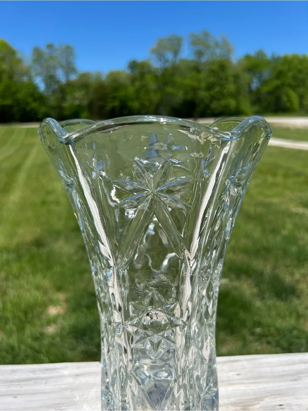 Vintage Anchor Hocking Prescut Clear Glass Vase EAPC Star of David 10.5
